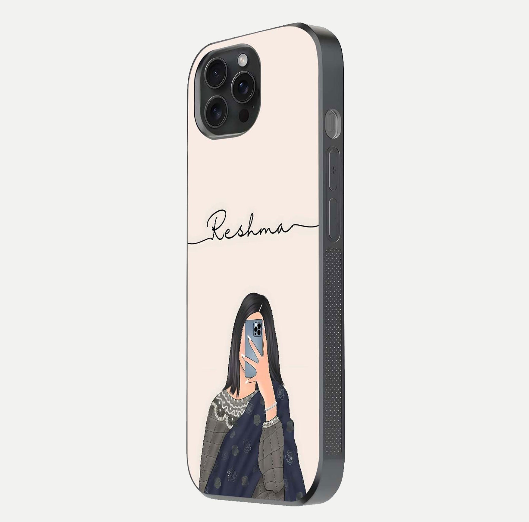 Mirror Mood Muse Custom Name Glass Case for iPhone 15 Pro side-angle image emphasizing glossy mirror texture