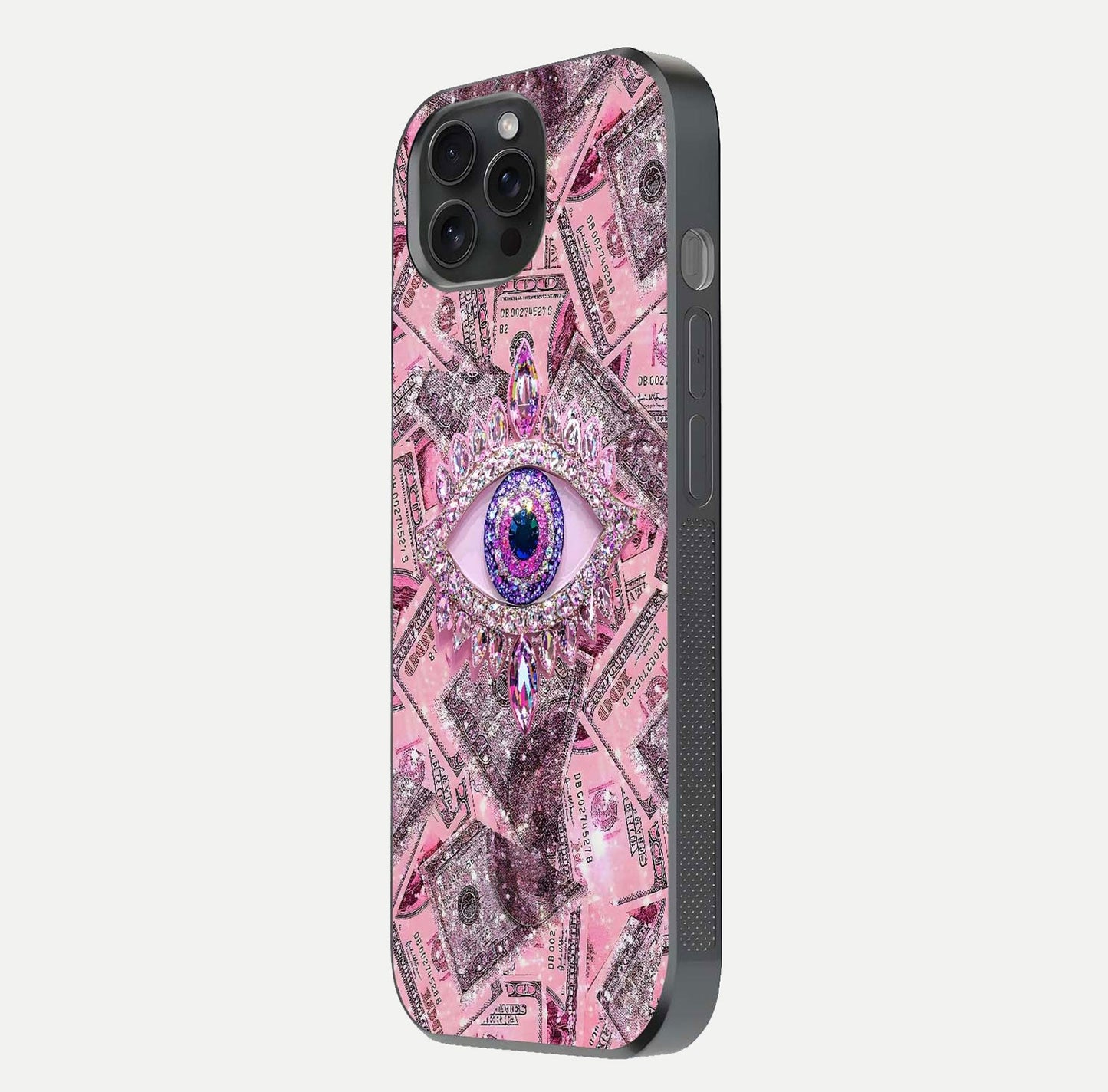 Money Eye Luxe Glass Case for iPhone 15 Pro side-angle image showing HD reflection and luxury print clarity