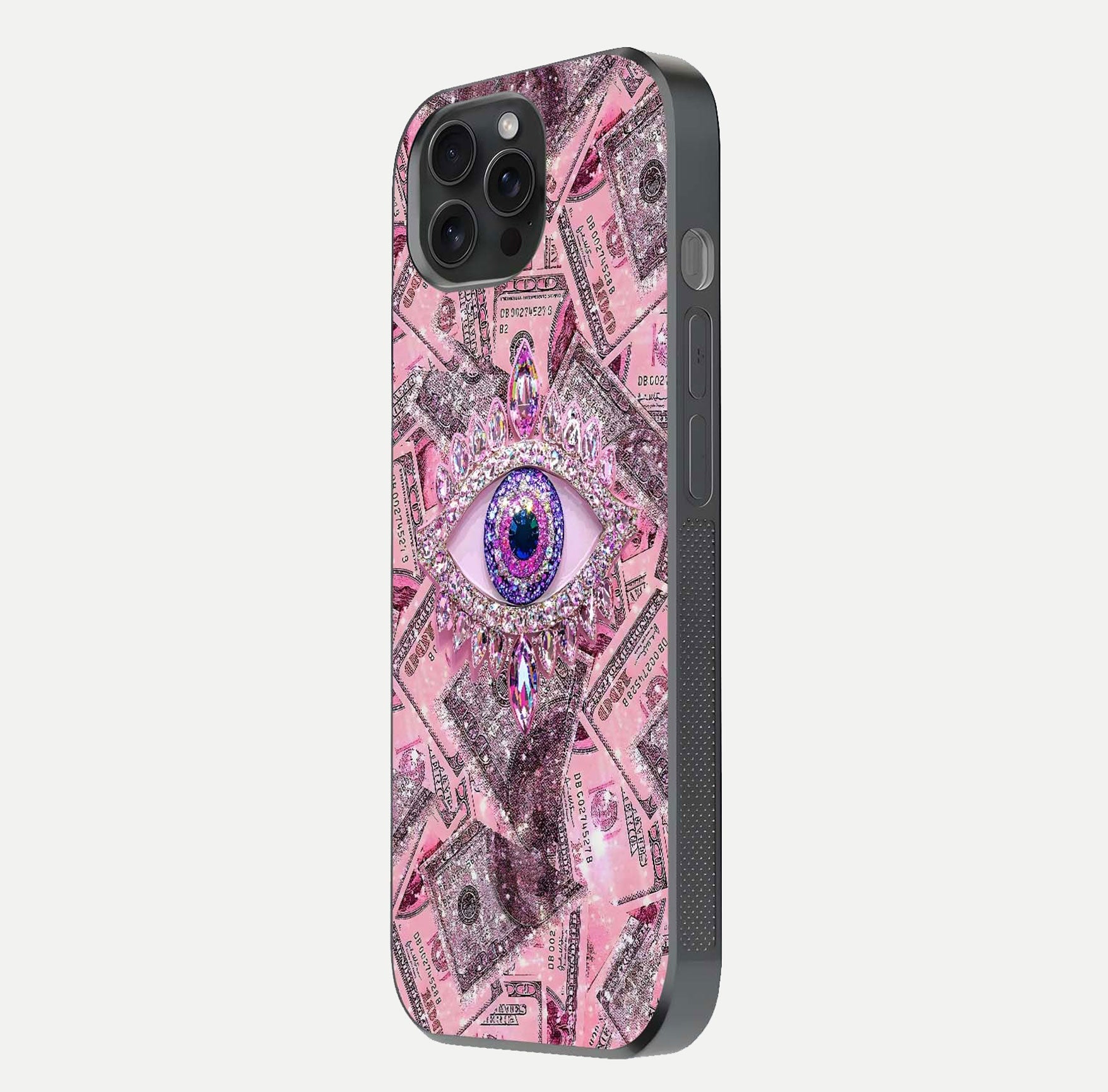 Money Eye Luxe Glass Case for iPhone 15 Pro side-angle image showing HD reflection and luxury print clarity