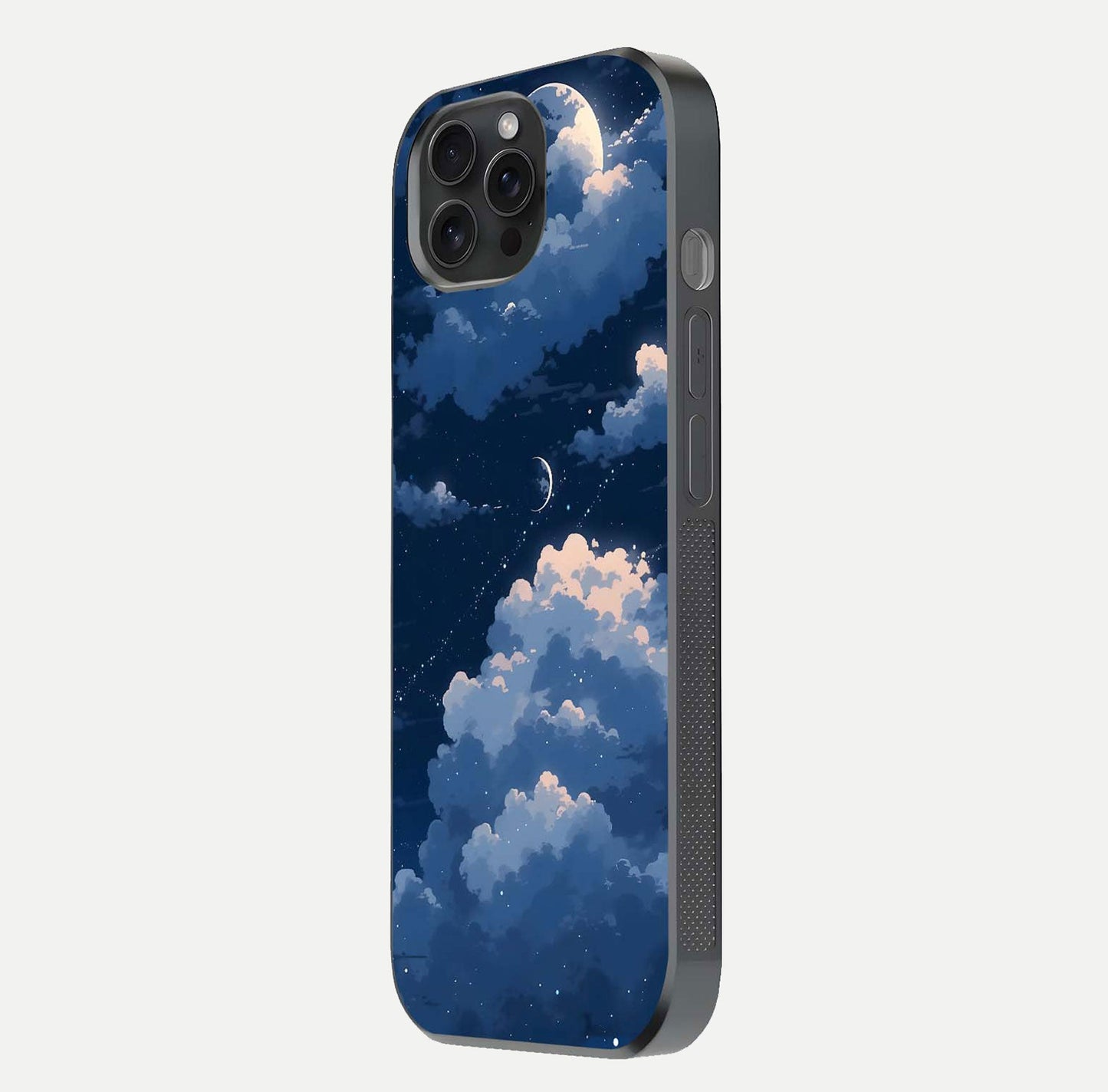 Moon Dream Haze Glass Case for iPhone 15 Pro side-angle image showing HD reflection and moonlight detailing