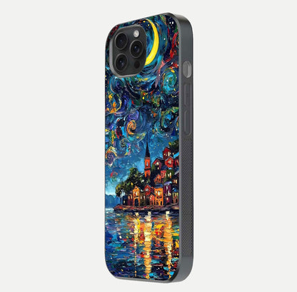 Moonlight Harbor Glow Glass Case for iPhone 15 Pro side-angle image showing reflective surface and ocean tones