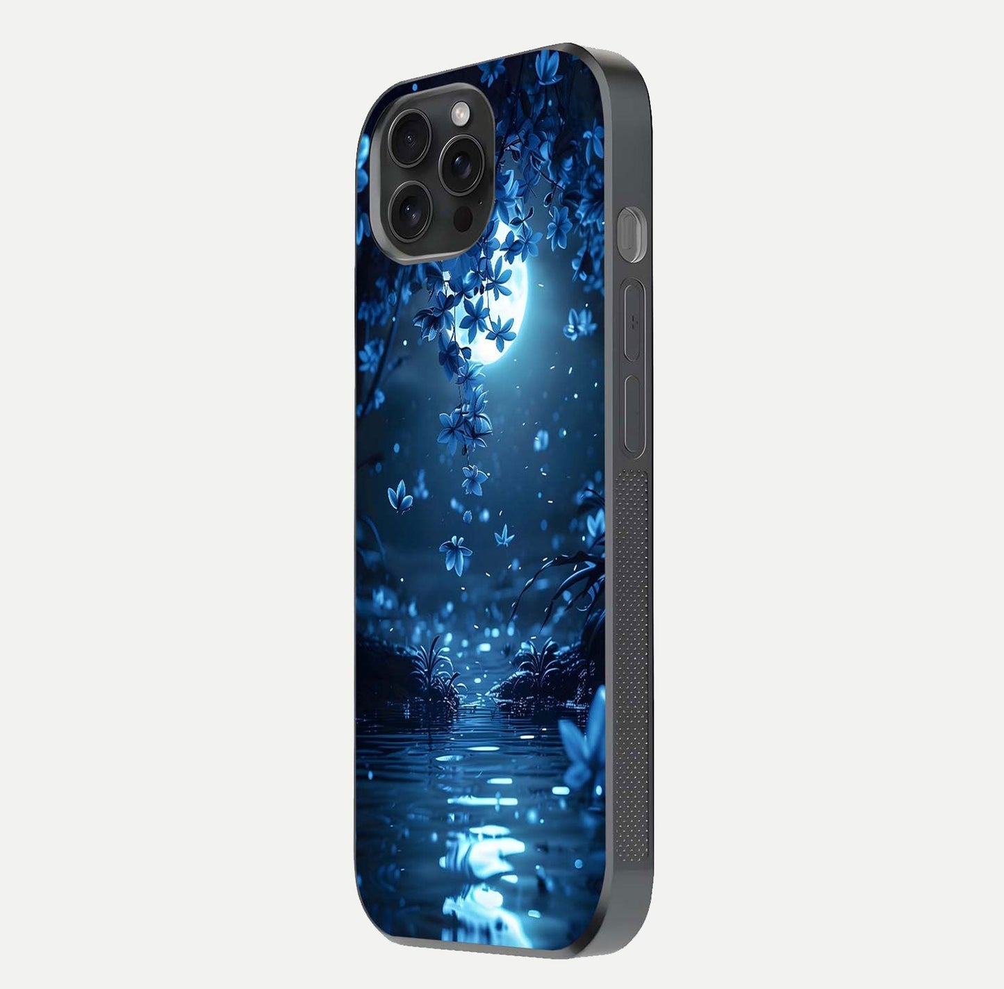 Moonlight Petal Dream Glass Case for iPhone 15 Pro side-angle image showing reflection and petal detail