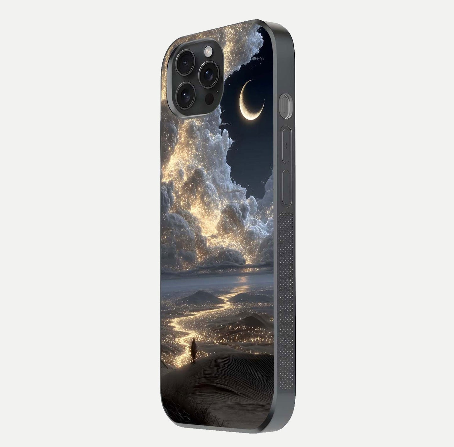 Moonlight Spark Path Glass Case for iPhone 15 Pro side-angle image showing reflection and moonlit detail
