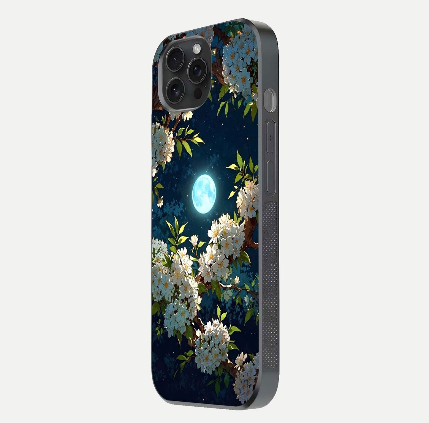 Moonlit Blossom Dream Glass Case for iPhone 15 Pro side-angle image showing shine depth and flower glow