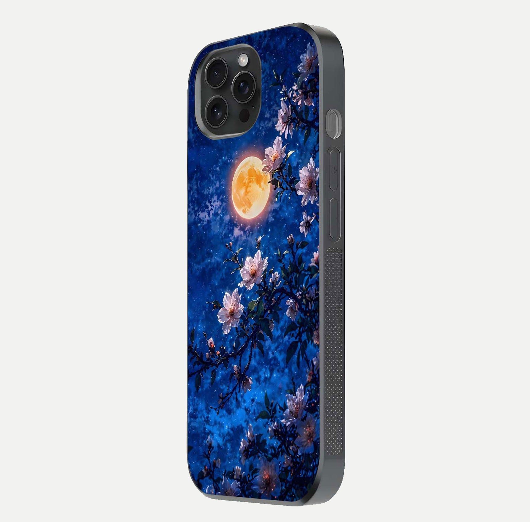 Moonlit Blossoms Night Glass Case for iPhone 15 Pro side-angle image revealing shine and night bloom texture