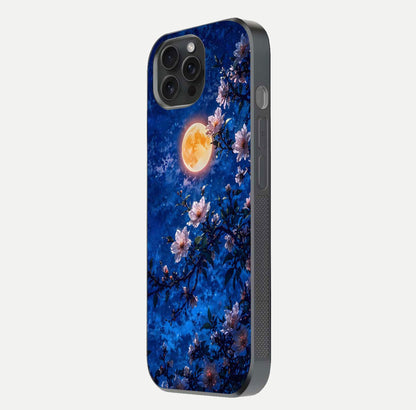 Moonlit Blossoms Night Glass Case for iPhone 15 Pro side-angle image revealing shine and night bloom texture