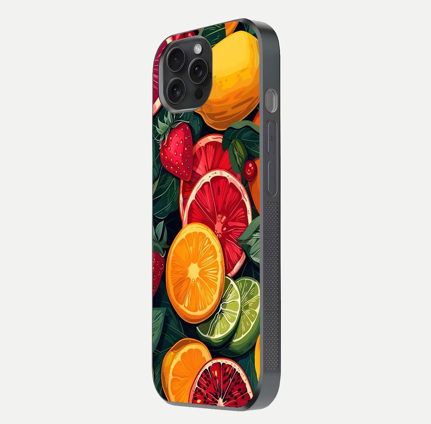 Multiple Fruits Glass Case for iPhone 15 Pro side-angle image showing glossy surface and vivid fruit pattern