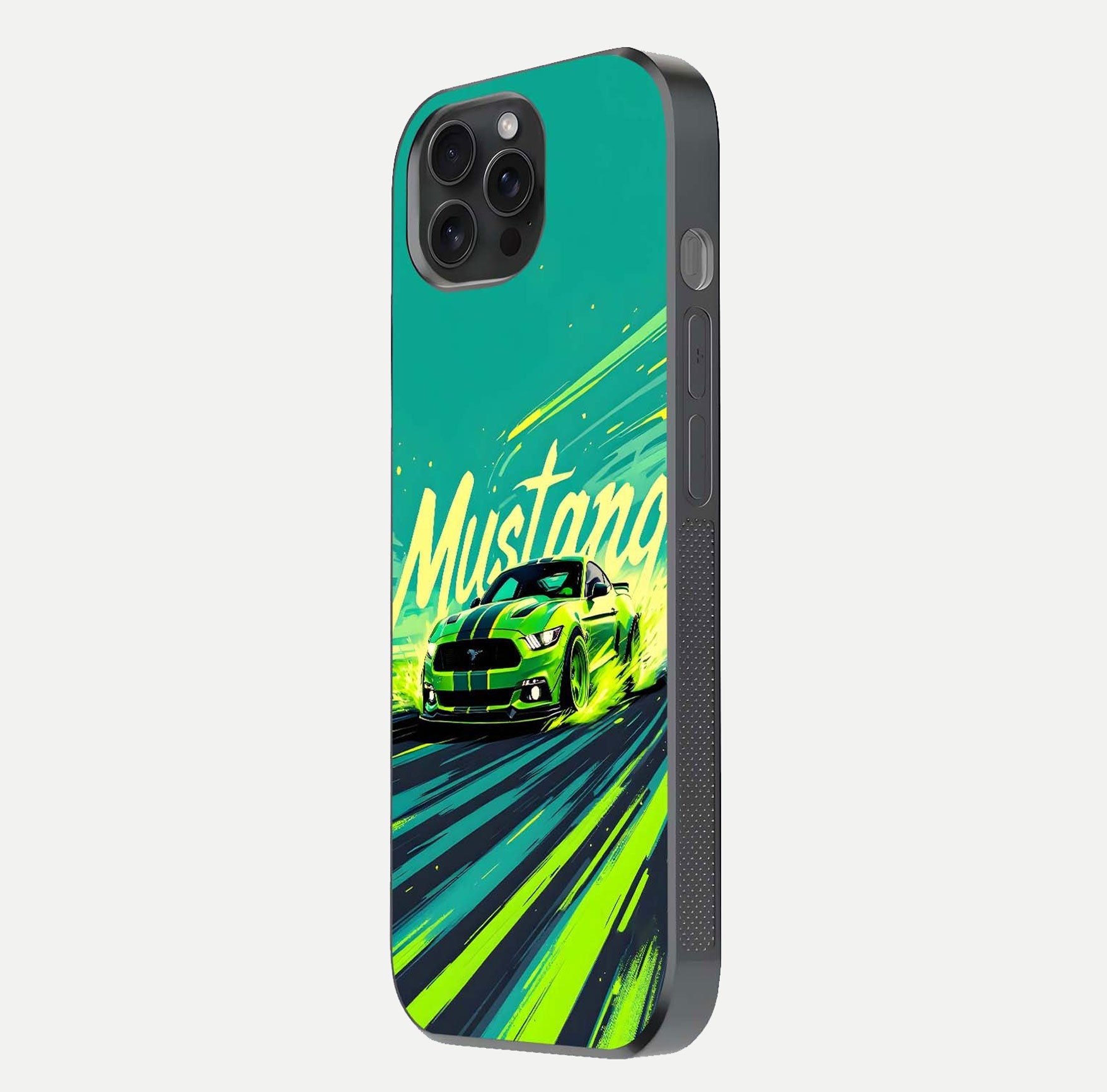 Mustang Bang Glass Case for iPhone 15 Pro side-angle image showing reflection clarity and bold car artwork