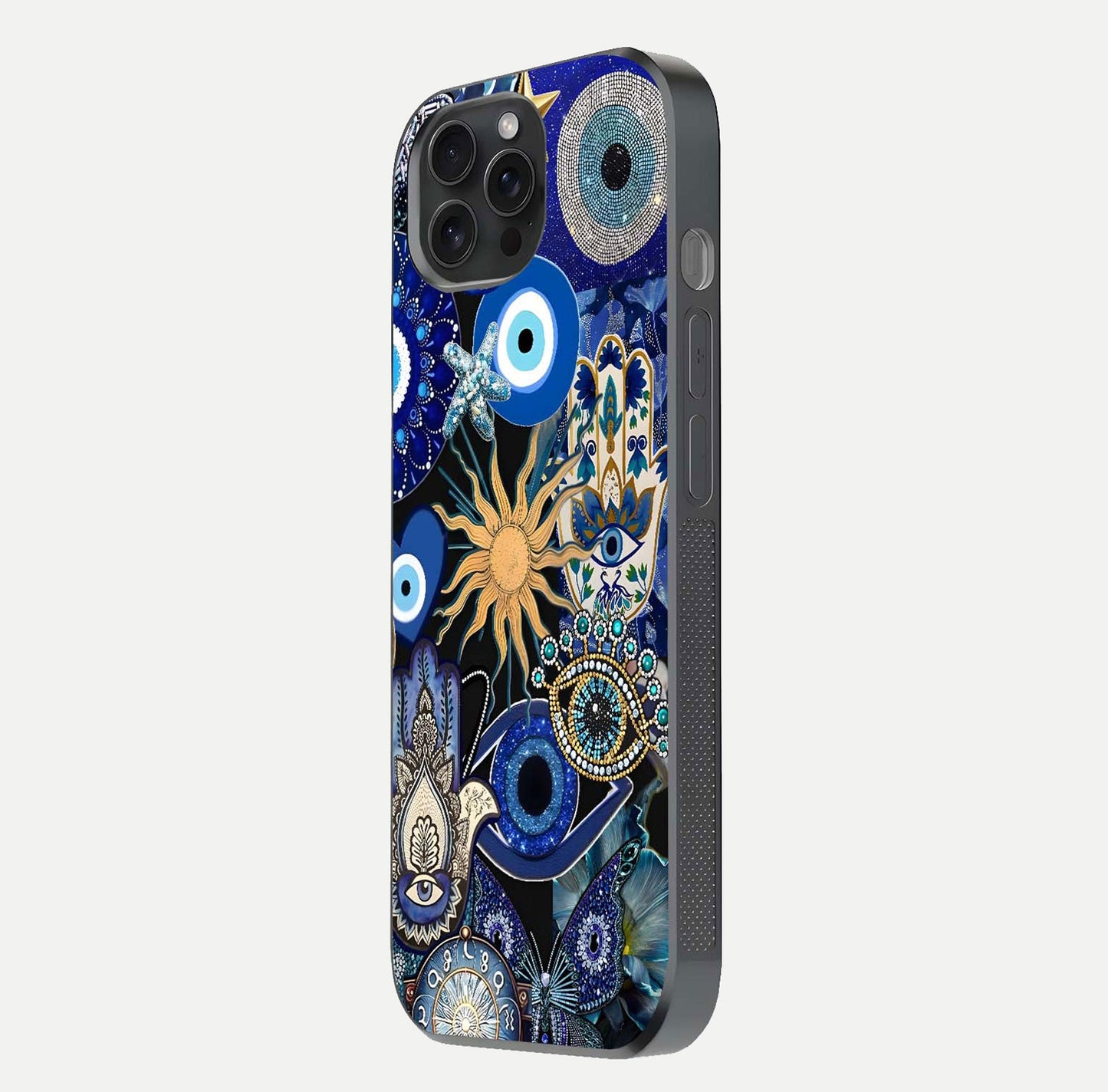 Mystic Blue Evil Eye Glass Case for iPhone 15 Pro side-angle image showing smooth gloss and charm design