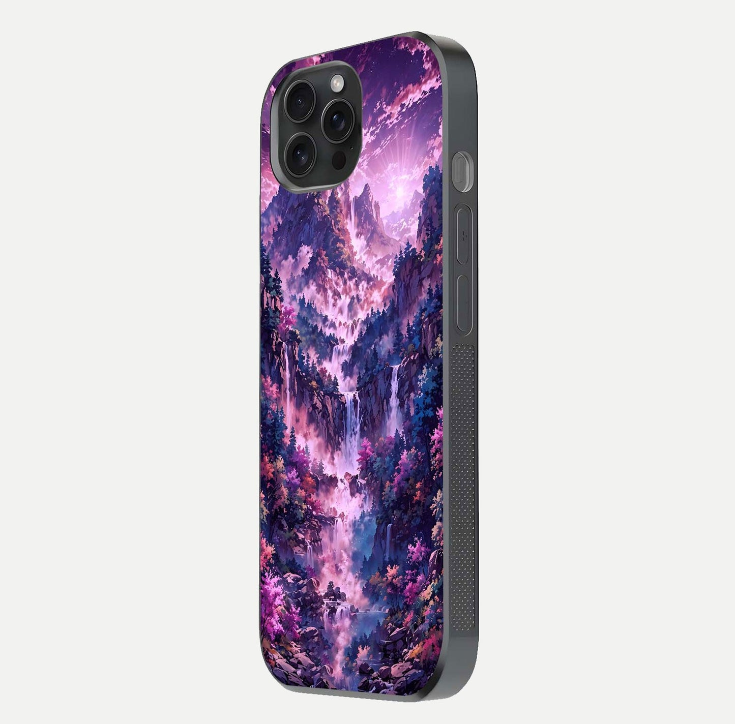 Mystic Cascade Peaks Glass Case for iPhone 15 Pro side-angle image showing reflection and scenic art clarity