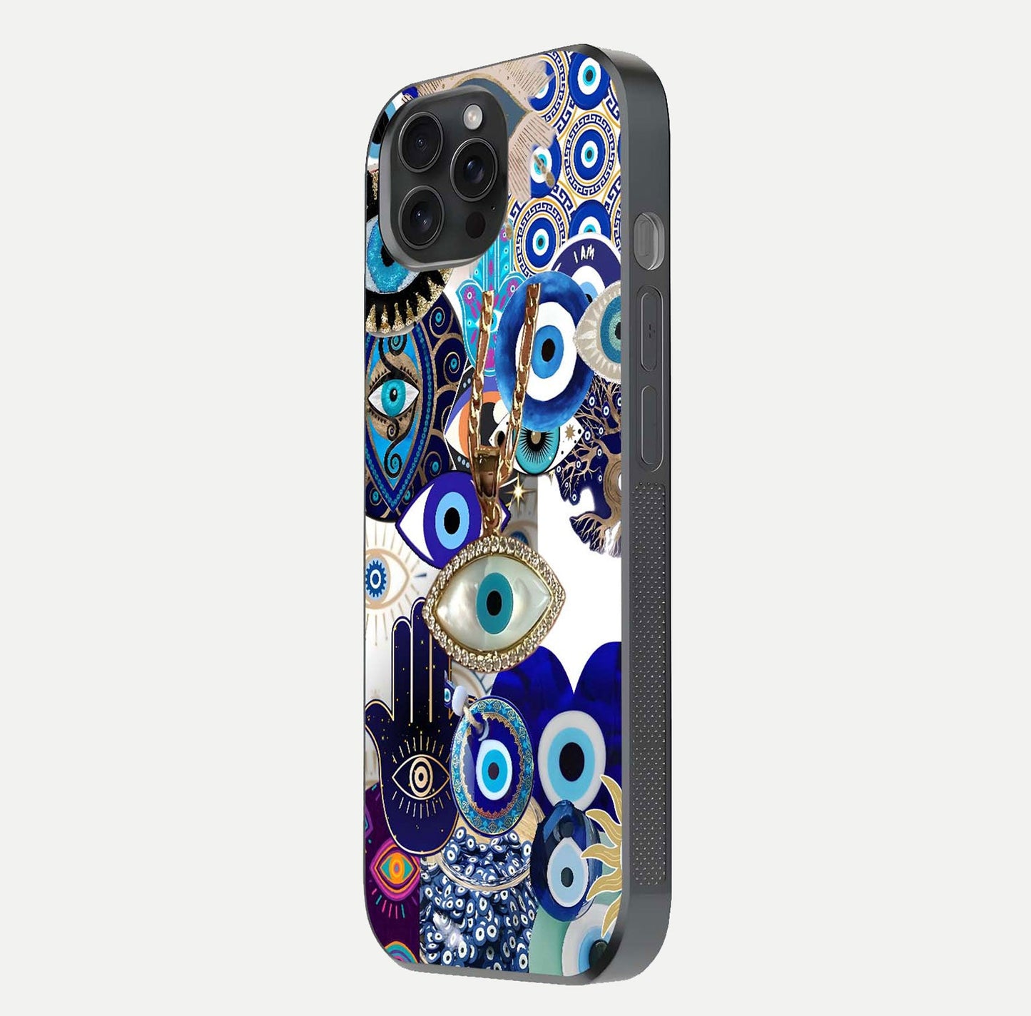 Mystic Charm Eye Glass Case for iPhone 15 Pro side-angle image showing HD reflection and sacred tone