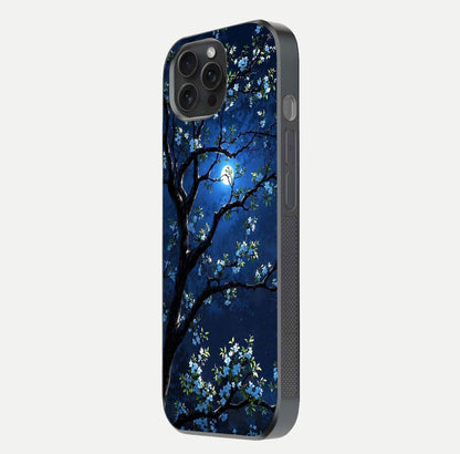 Mystic Floral Night Glass Case for iPhone 15 Pro side-angle image showing gloss surface and midnight floral tones