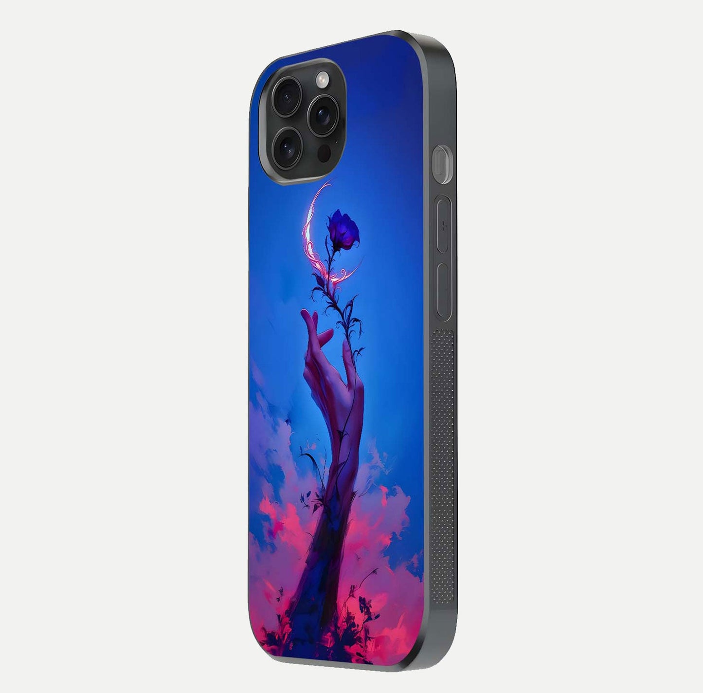 Mystic Hand Glass Case for iPhone 15 Pro side-angle image showing reflection depth and sacred aesthetic