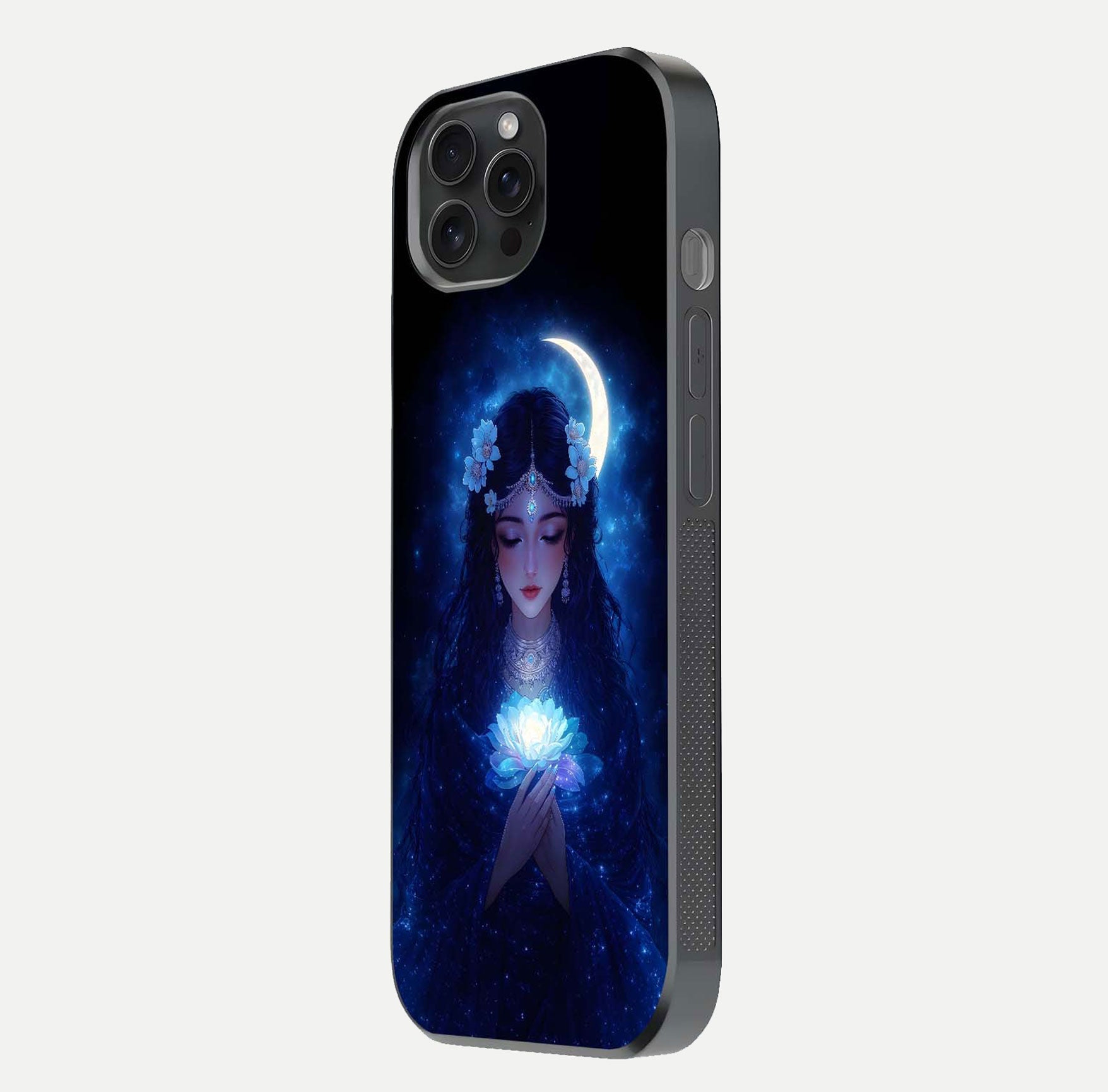 Mystic Moon Queen Glass Case for iPhone 15 Pro side-angle image showing reflection and celestial details