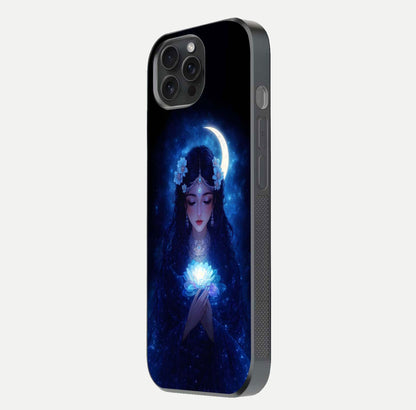 Mystic Moon Queen Glass Case for iPhone 15 Pro side-angle image showing reflection and celestial details