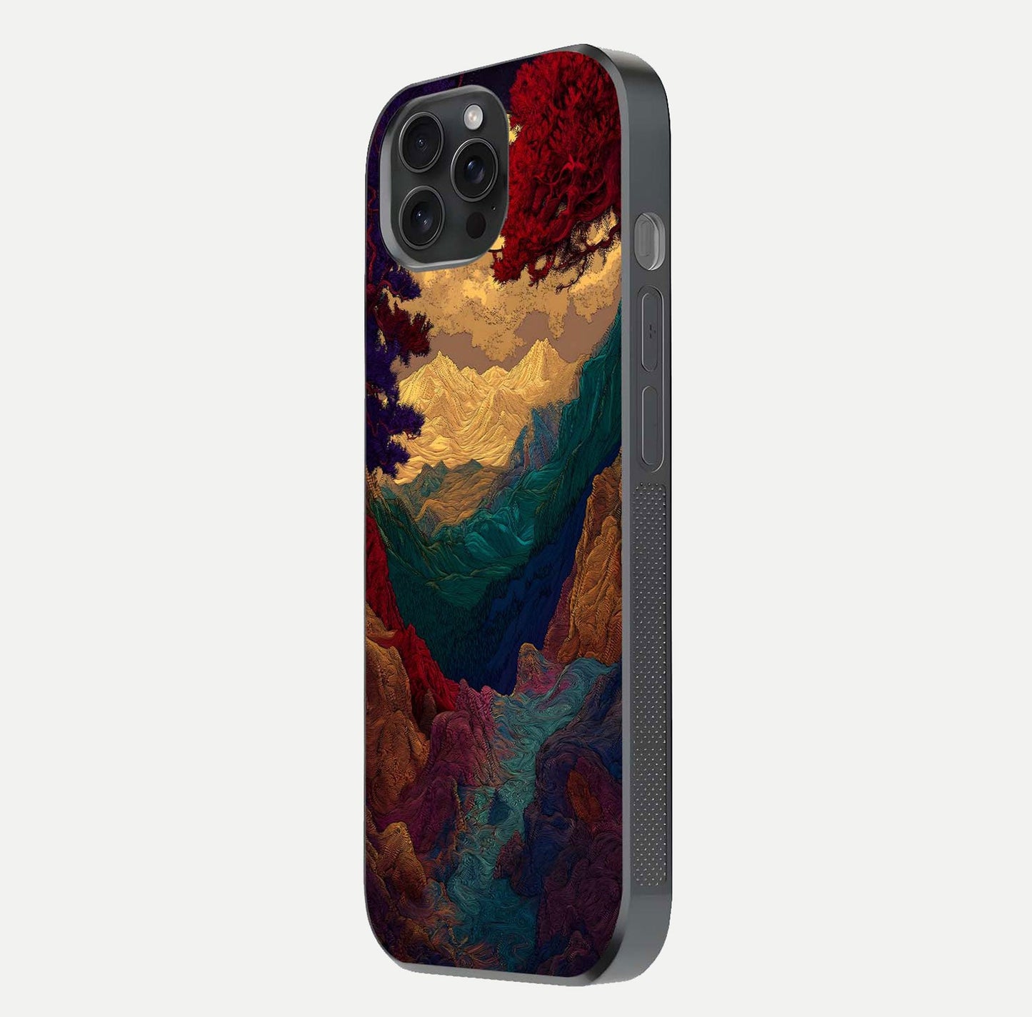 Mystic Valley Light Glass Case for iPhone 15 Pro side-angle image showing shine and peaceful hues