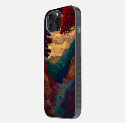 Mystic Valley Light Glass Case for iPhone 15 Pro side-angle image showing shine and peaceful hues