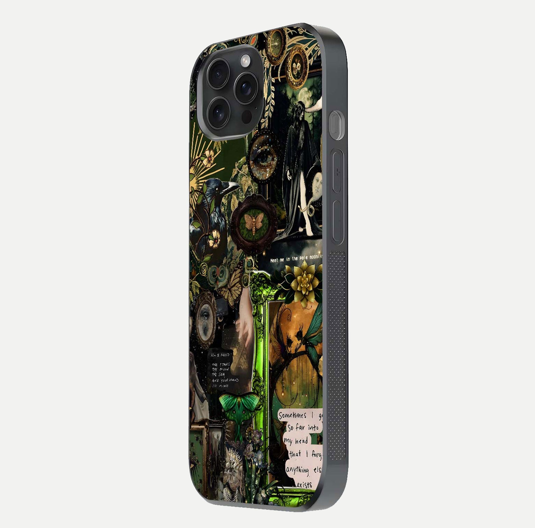 Mystic Woods Secret Glass Case for iPhone 15 Pro side-angle image showing gloss reflection and forest pattern
