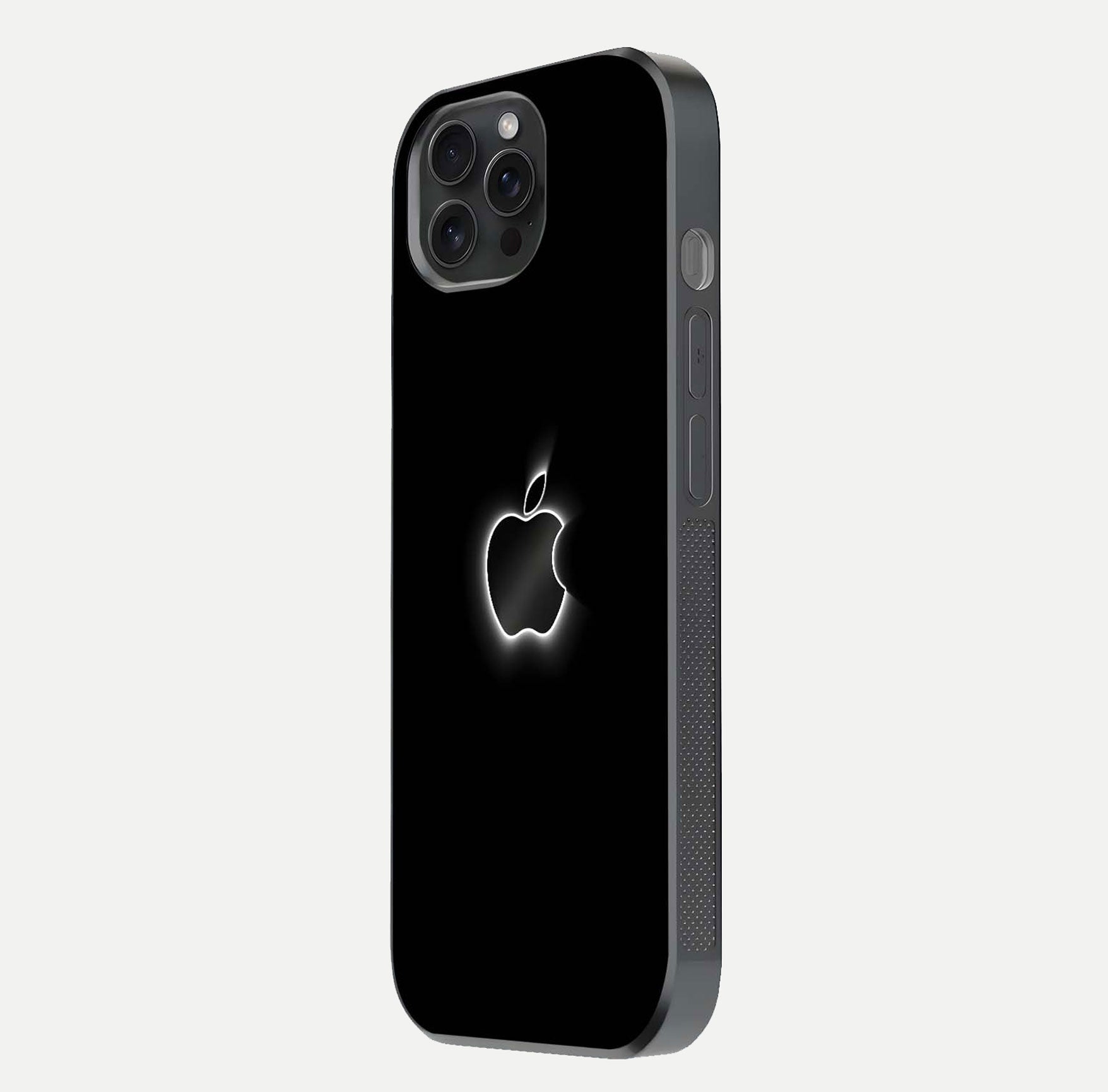 Neon Apple Glow Glass Case for iPhone 15 Pro side-angle image showing light reflection and glow effect