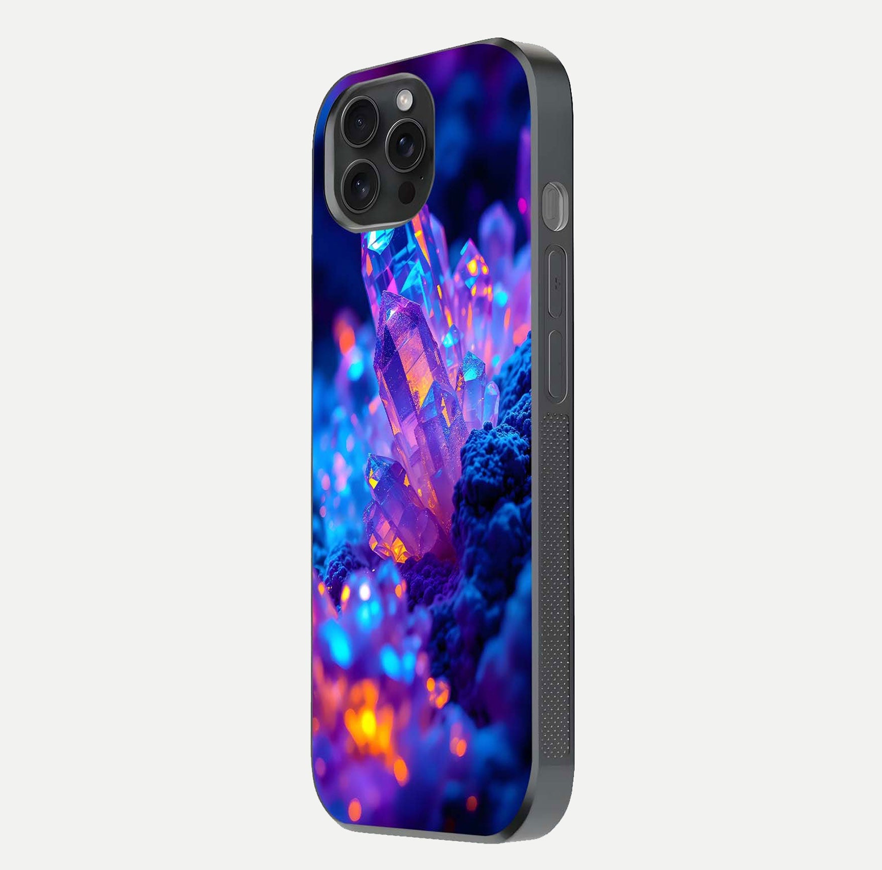 Neon Aura Shards Glass Case for iPhone 15 Pro side-angle image showing light depth and glossy contrast