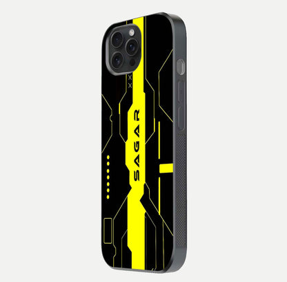 Neon CYBERPUNK Custom Name Glass Case for iPhone 15 Pro side-angle image showing glow depth and bold print