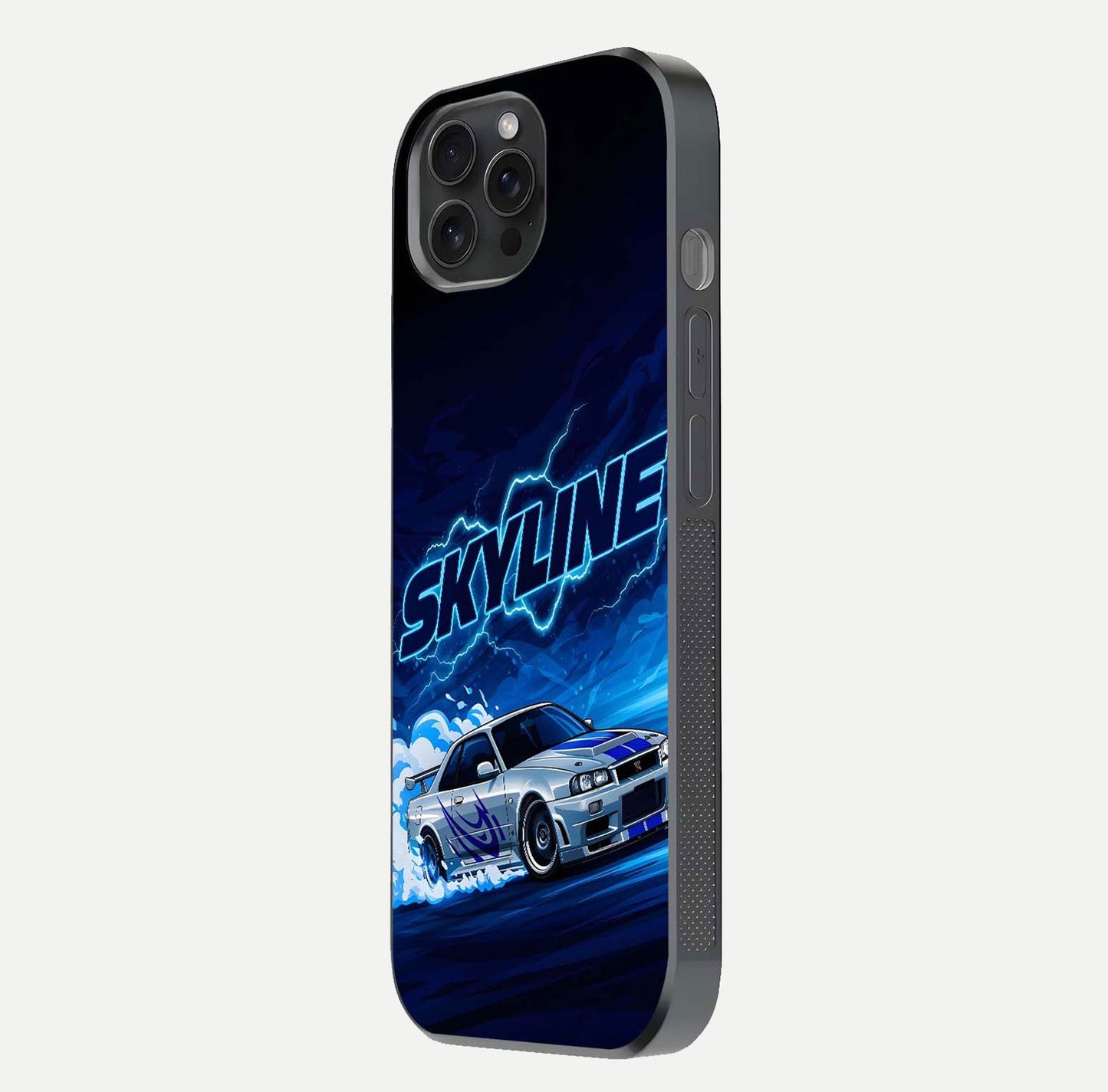 Neon Drift Beast Glass Case for iPhone 15 Pro side-angle image showing reflection depth and bold neon tones