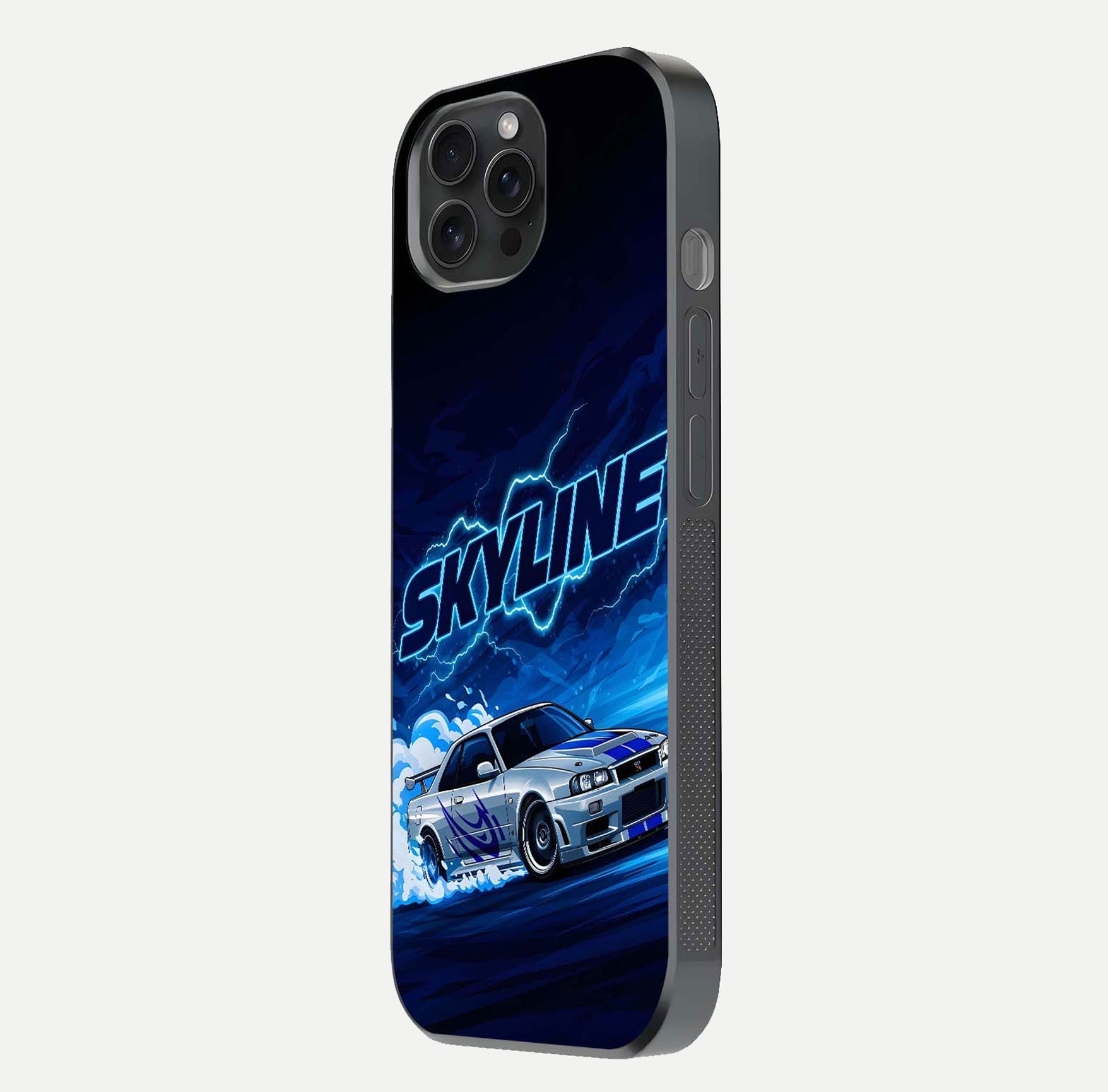 Neon Drift Beast Glass Case for iPhone 15 Pro side-angle image showing reflection depth and bold neon tones