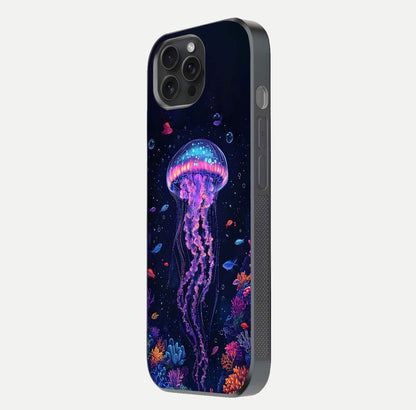 Neon Jellyfish Glass Case for iPhone 15 Pro side-angle image showing reflection and oceanic light detailing