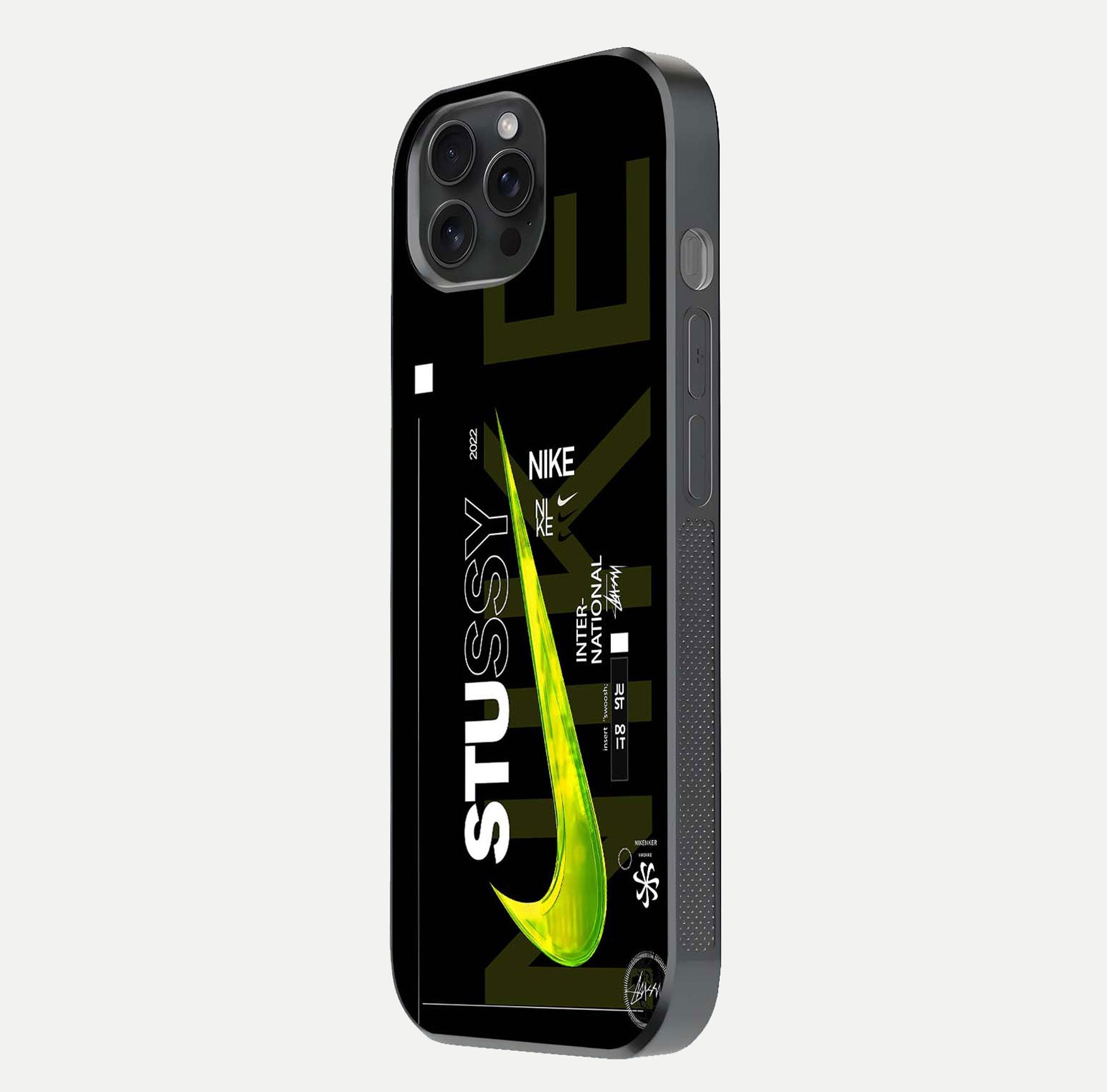 Neon Street Edition Glass Case for iPhone 15 Pro side-angle image showing reflection depth and modern tones