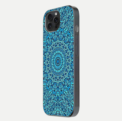Ocean Bloom Mandala Glass Case for iPhone 15 Pro side-angle image showing reflection and detailed floral pattern