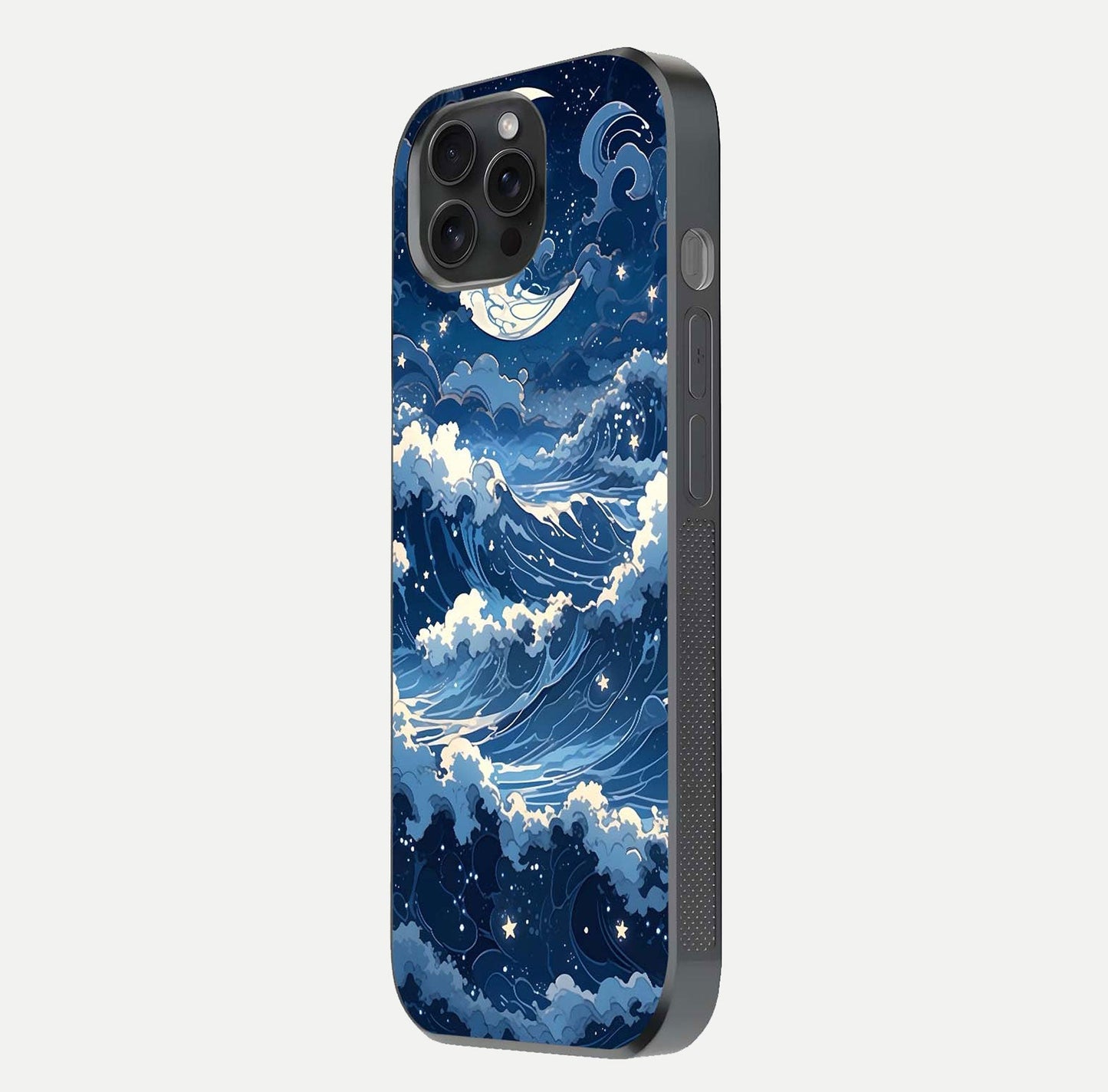 Ocean Moon Waves Glass Case for iPhone 15 Pro side-angle image showing shine and ocean gradient tones