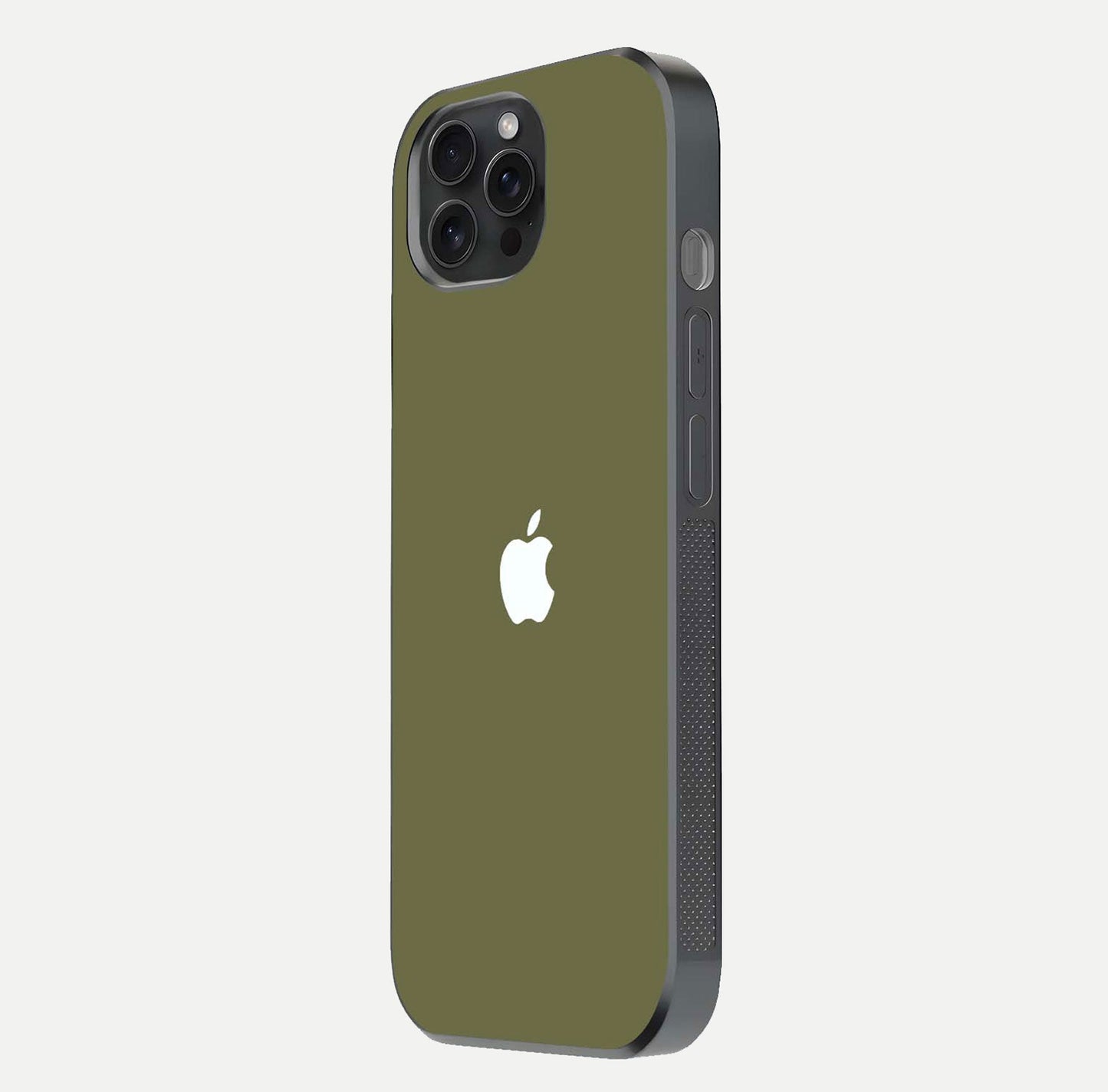 Olive Matte Essence Glass Case for iPhone 15 Pro side-angle image showing soft hue and elegant smooth surface
