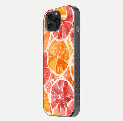 Orange Fruits Pattern Glass Case for iPhone 15 Pro side-angle image showing glossy shine and citrus pattern