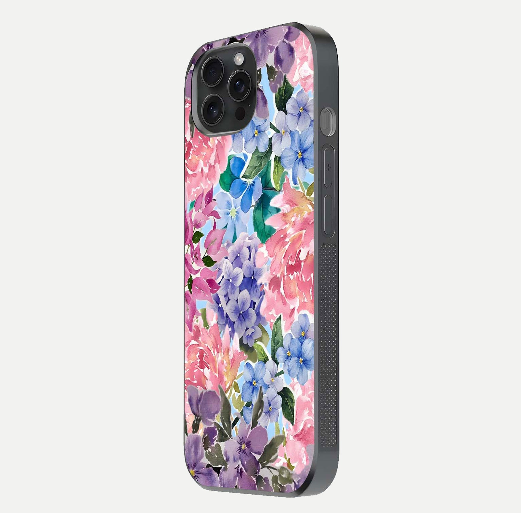 Pastel Floral Mix Glass Case for iPhone 15 Pro side-angle image showing reflection and delicate pastel hues