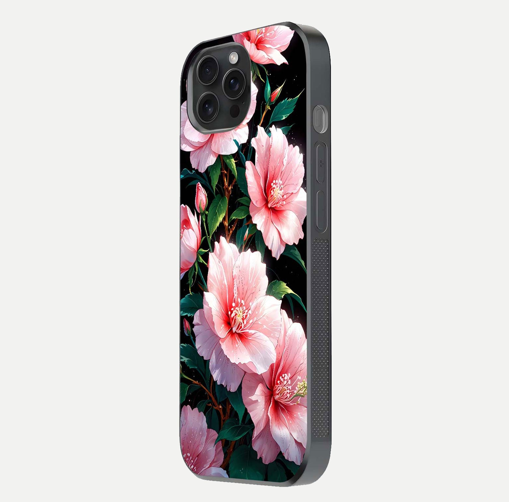 Peach Flower Glass Case for iPhone 15 Pro side-angle image showing gloss depth and peach blossom detail