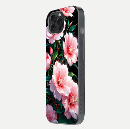 Peach Flower Glass Case for iPhone 15 Pro side-angle image showing gloss depth and peach blossom detail