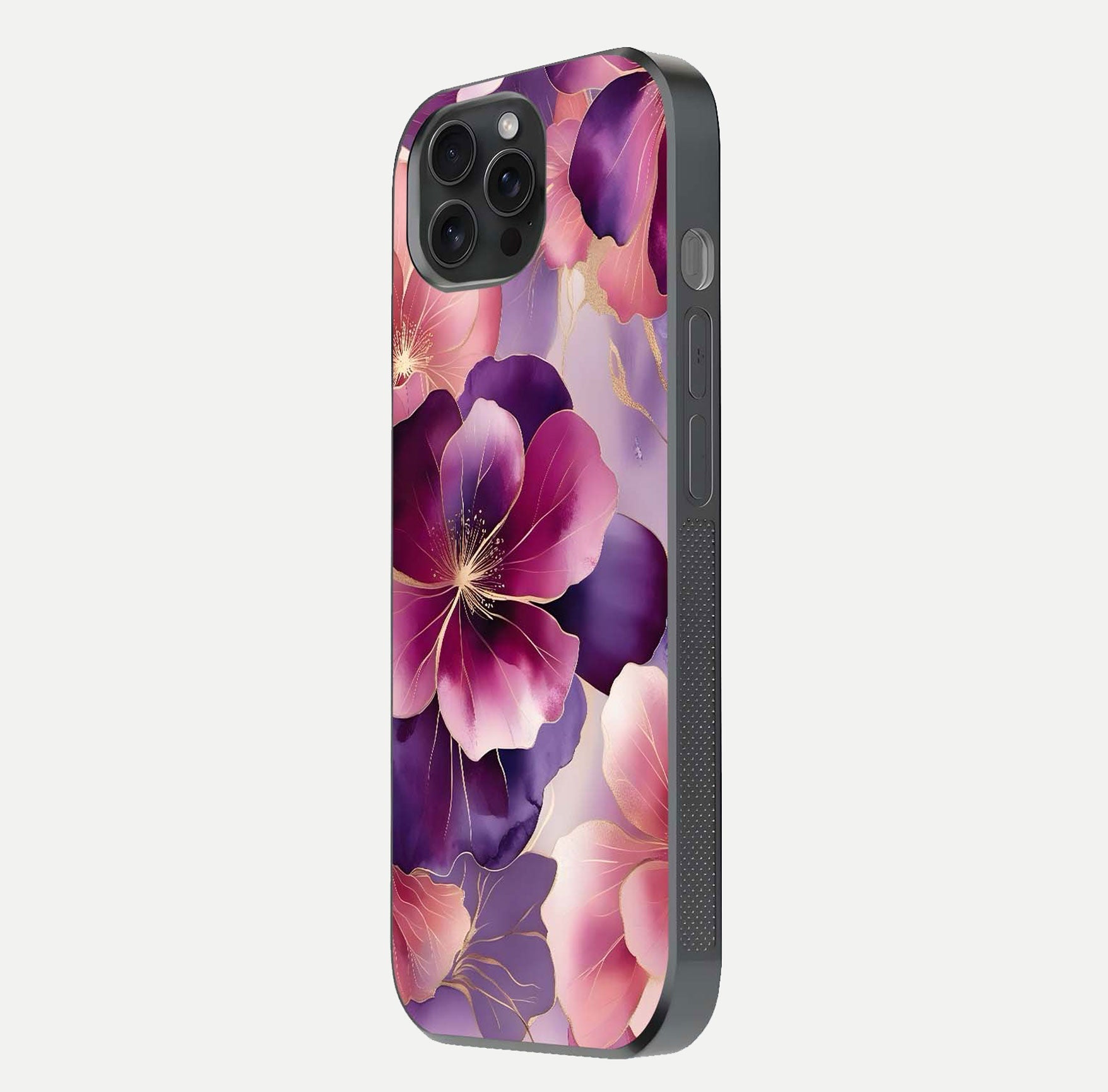 Pink Bouquet Florals Glass Case for iPhone 15 Pro side-angle image showing floral texture and reflection clarity