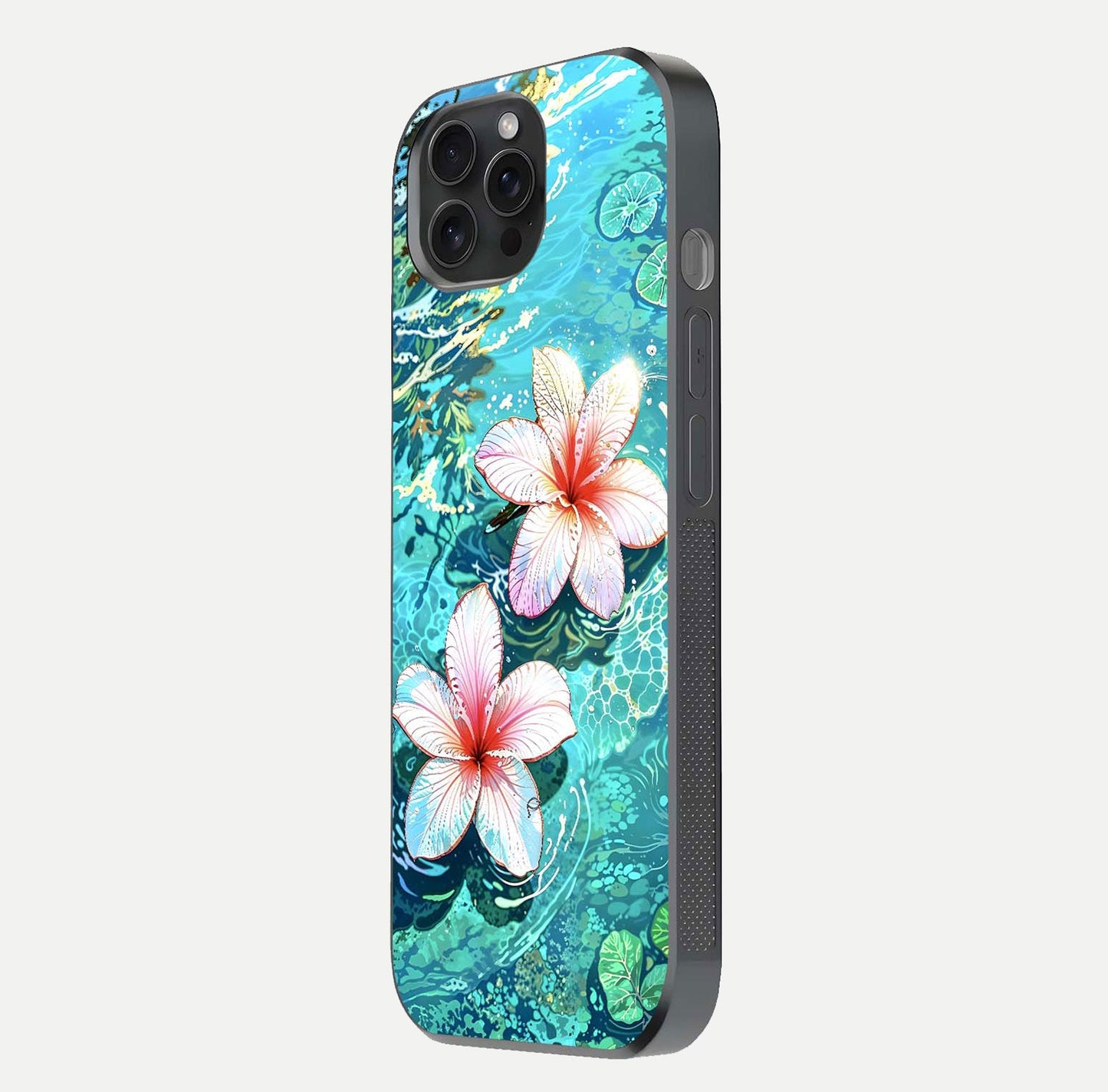 Pink Flowers in Water Glass Case for iPhone 15 Pro side-angle image showing reflection and depth of detail