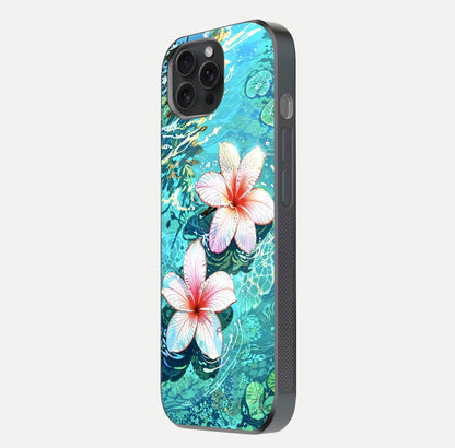 Pink Flowers in Water Glass Case for iPhone 15 Pro side-angle image showing reflection and depth of detail