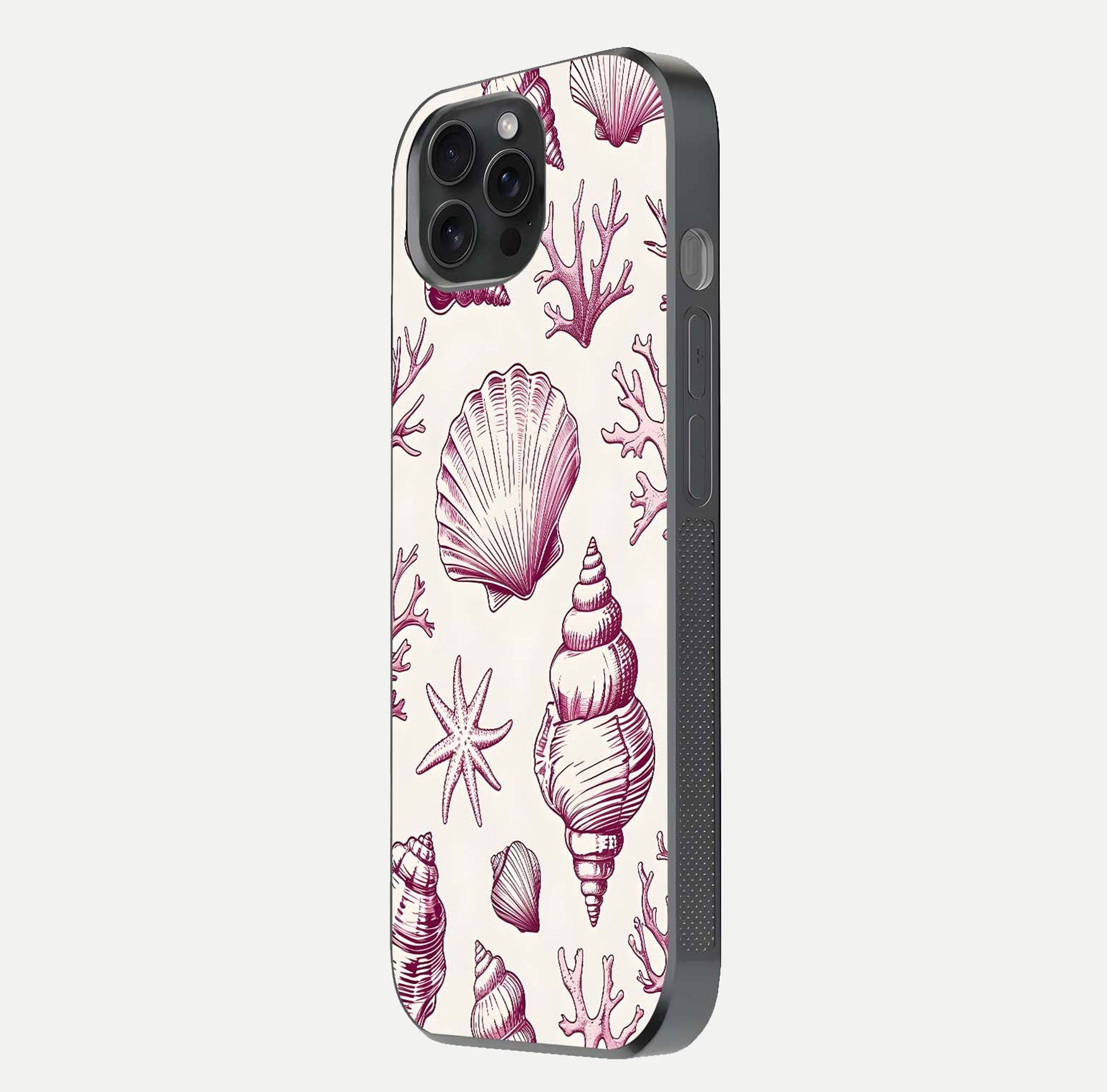 Pink Shells Outline Glass Case for iPhone 15 Pro side-angle image showing shine and intricate outline texture