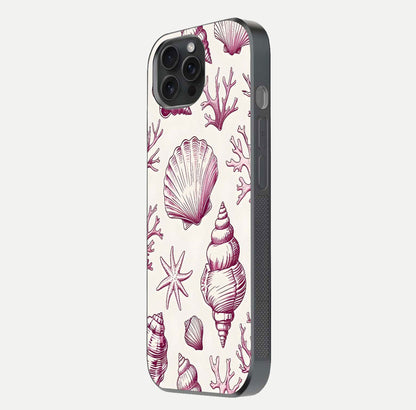 Pink Shells Outline Glass Case for iPhone 15 Pro side-angle image showing shine and intricate outline texture
