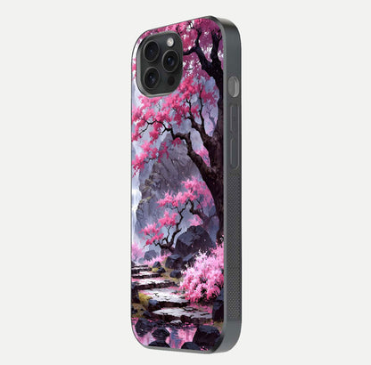 Pinkish Scenery Glass Case for iPhone 15 Pro side-angle image showing depth, gloss, and scenic details