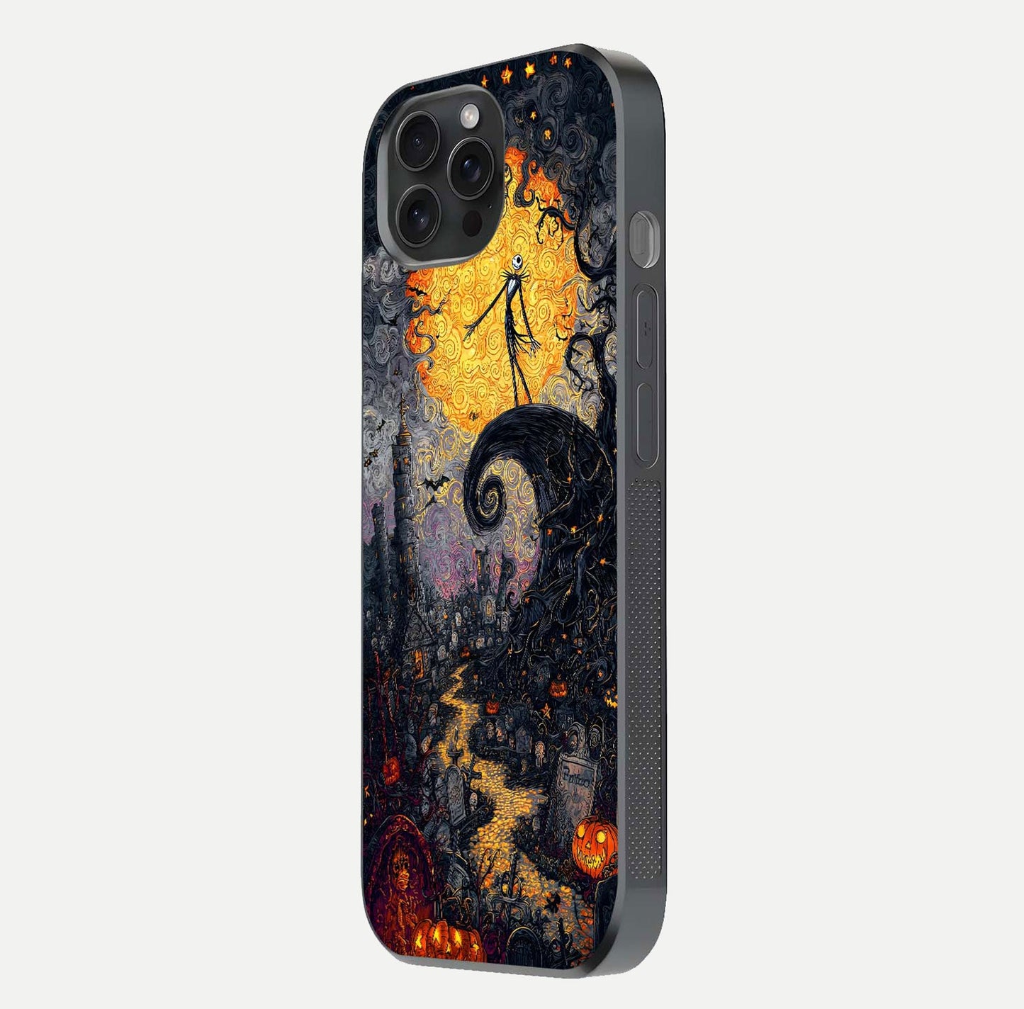 Pumpkin Moon Night Glass Case for iPhone 15 Pro side-angle image showing reflection depth and pumpkin pattern