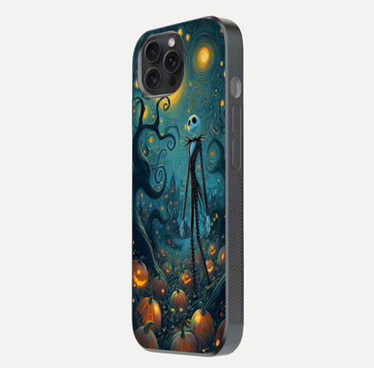 Pumpkin Moonlight Tale Glass Case for iPhone 15 Pro side-angle image showing glow texture and Halloween vibe