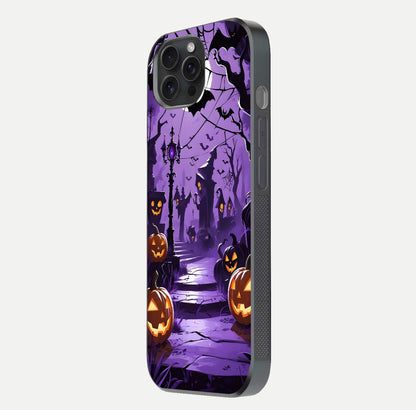 Pumpkin Patch Halloween Glass Case for iPhone 15 Pro side-angle image showing shine, camera cutout, and spooky art
