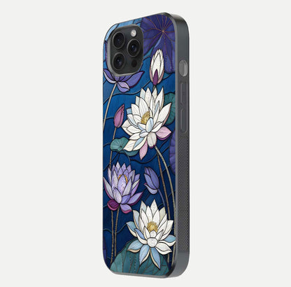 Purple Lotus Stained Glass Case for iPhone 15 Pro side-angle image showing gloss, reflection, and intricate detailing