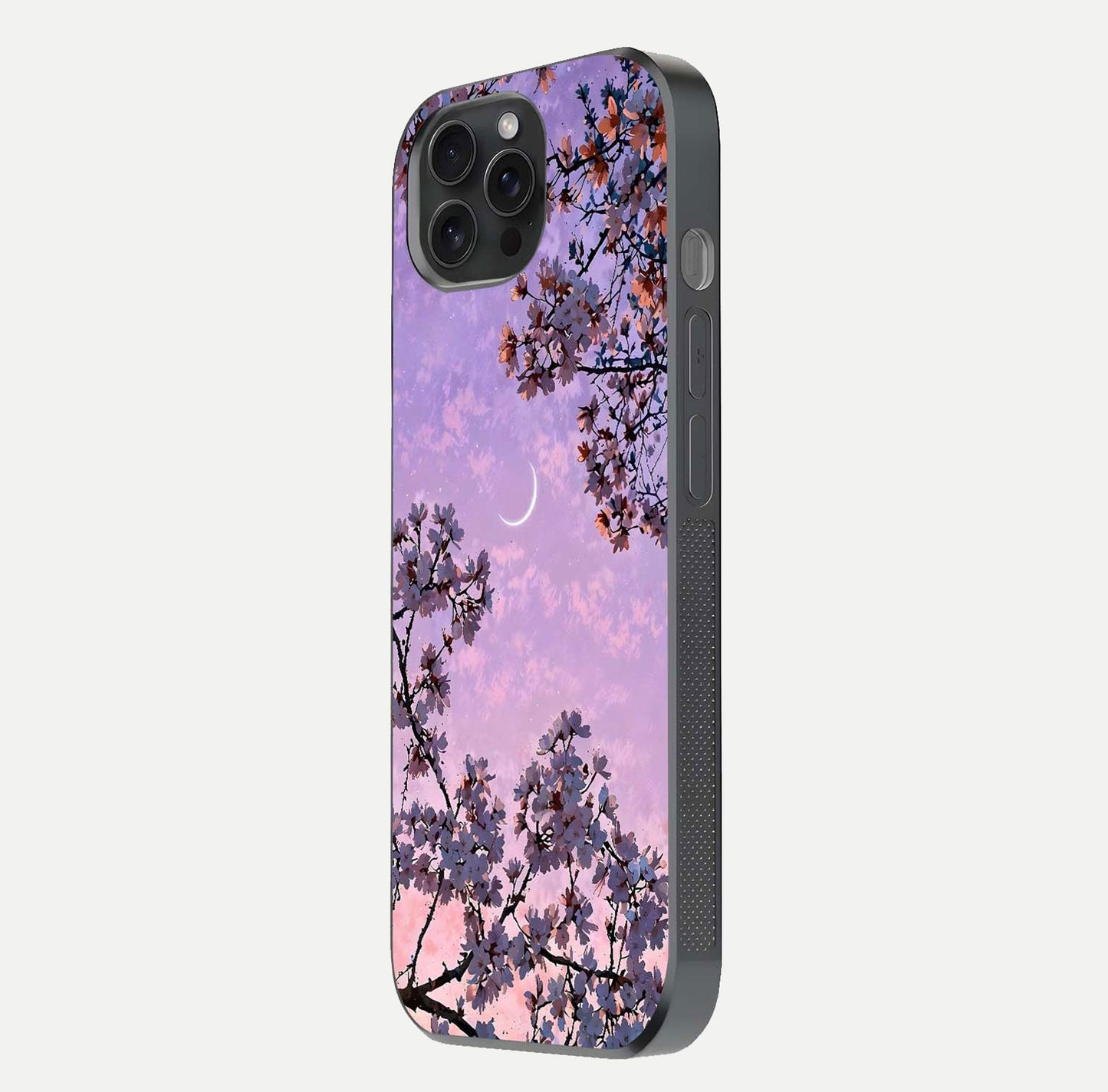 Purple Serenity Moon Glass Case for iPhone 15 Pro side-angle image showing reflection and lunar art precision