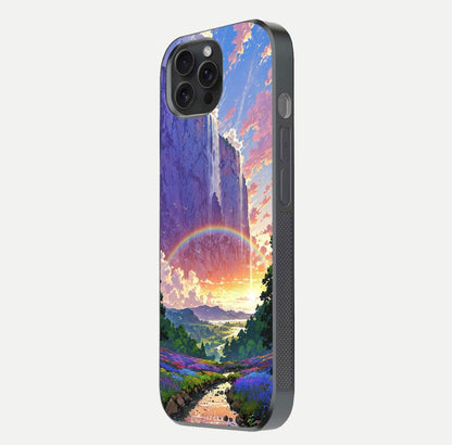 Rainbow Valley Dream Glass Case for iPhone 15 Pro side-angle image showing light reflection and scenic tones