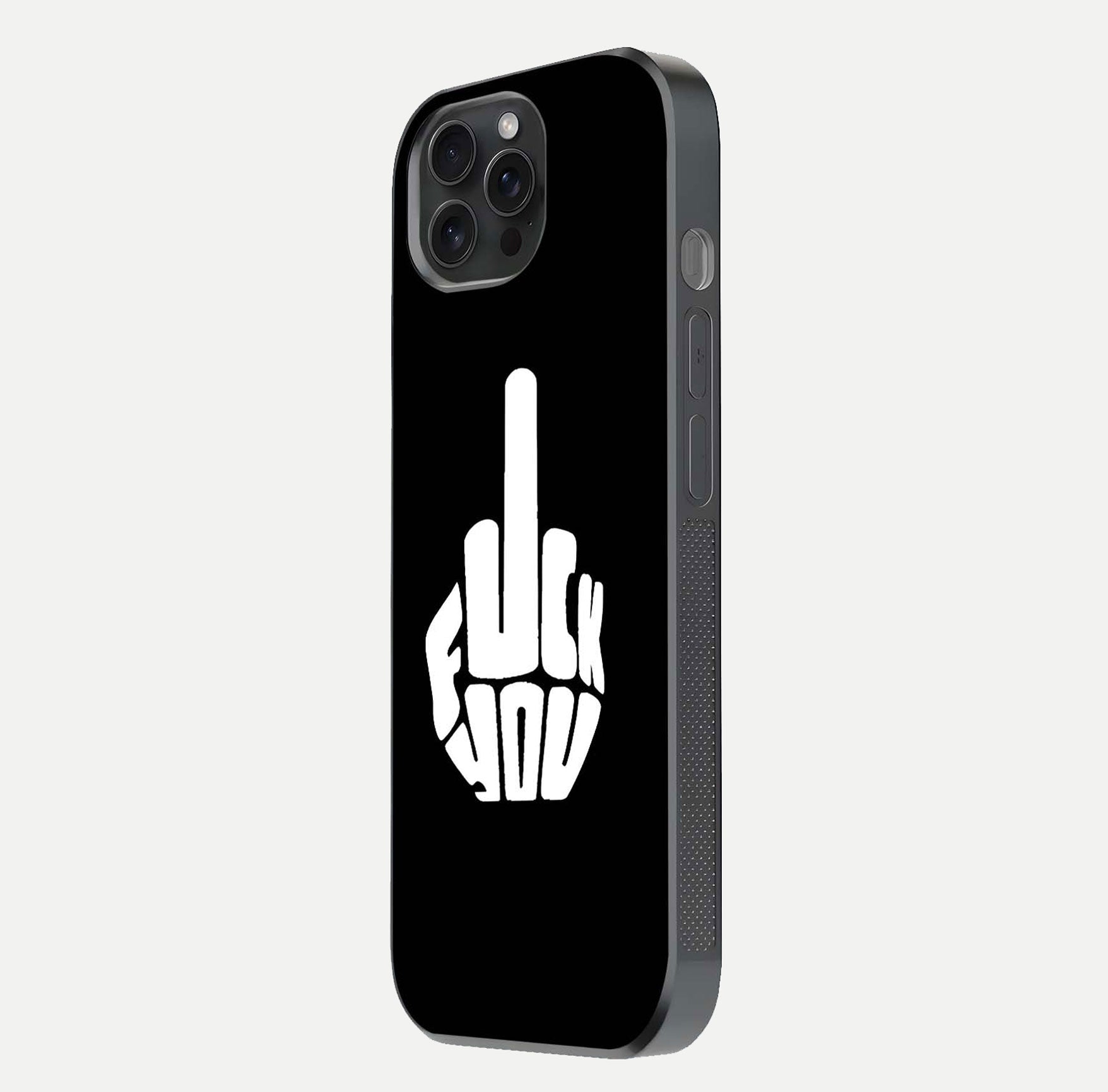 Rebel Mode On Glass Case for iPhone 15 Pro side-angle image showing reflection, edge detail, and text clarity