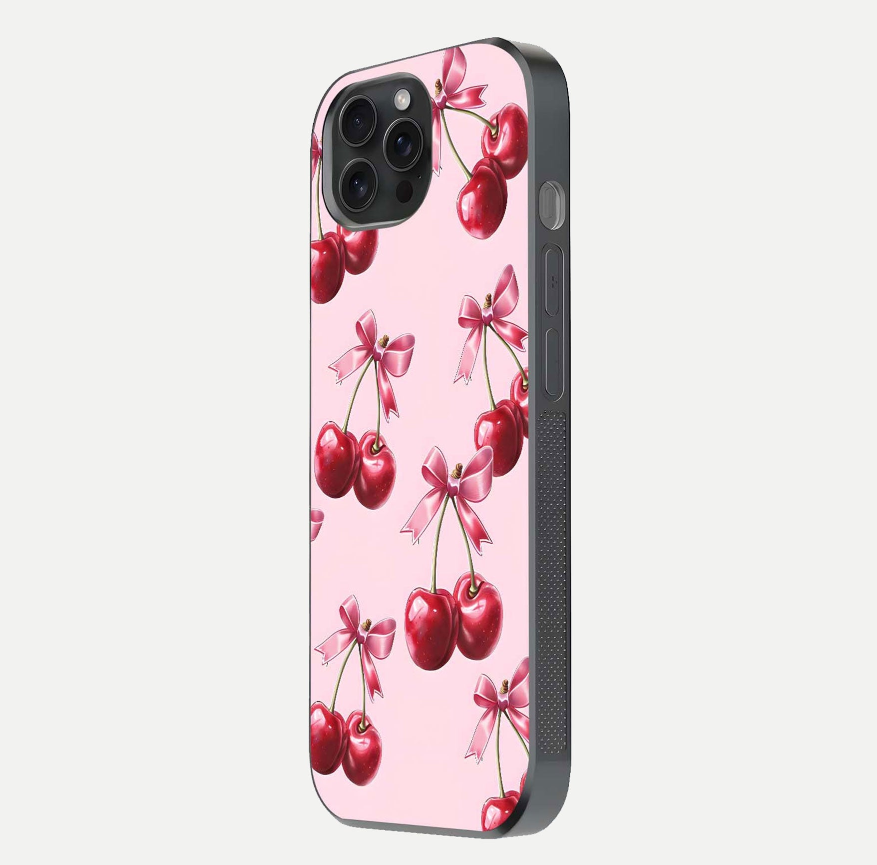 Red Cherries Pattern Glass Case for iPhone 15 Pro side-angle image showing gloss surface and cherry details